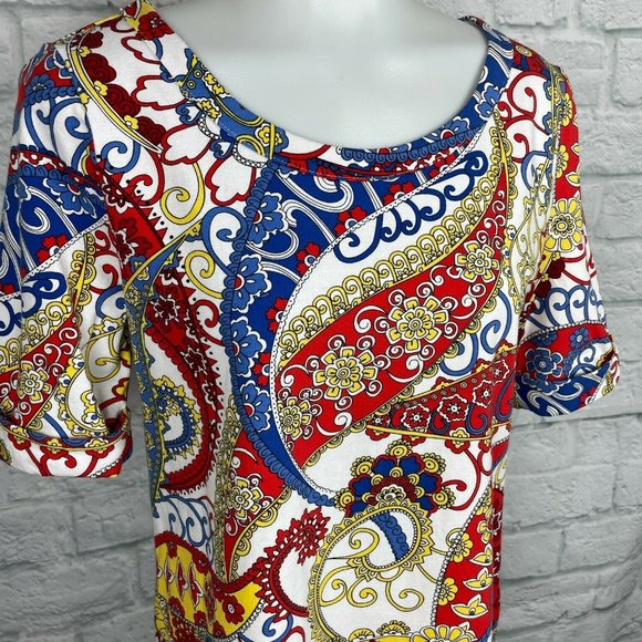 Talbots Large Excellent Top Paisley Red Blue Yellow Short Sleeve Stretch Cotton - Picture 2 of 10